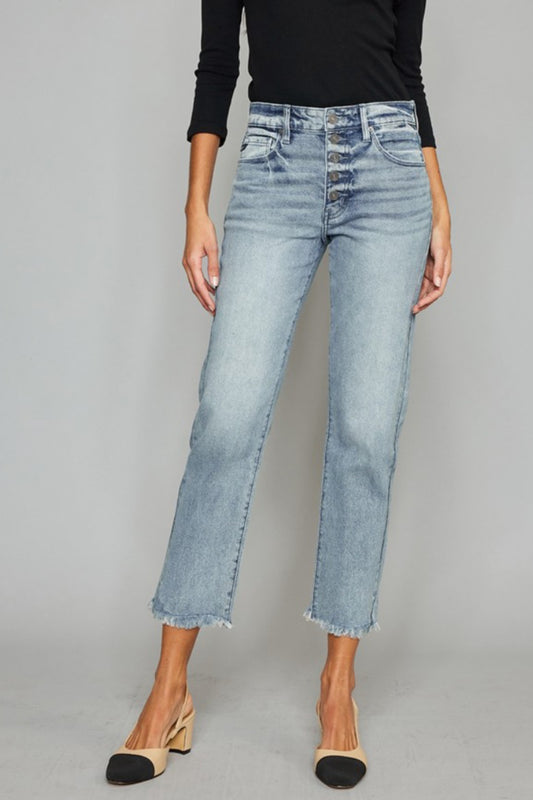 Kancan High Waist Button Fly Raw Hem Cropped Straight Jeans - The Boutie Shop