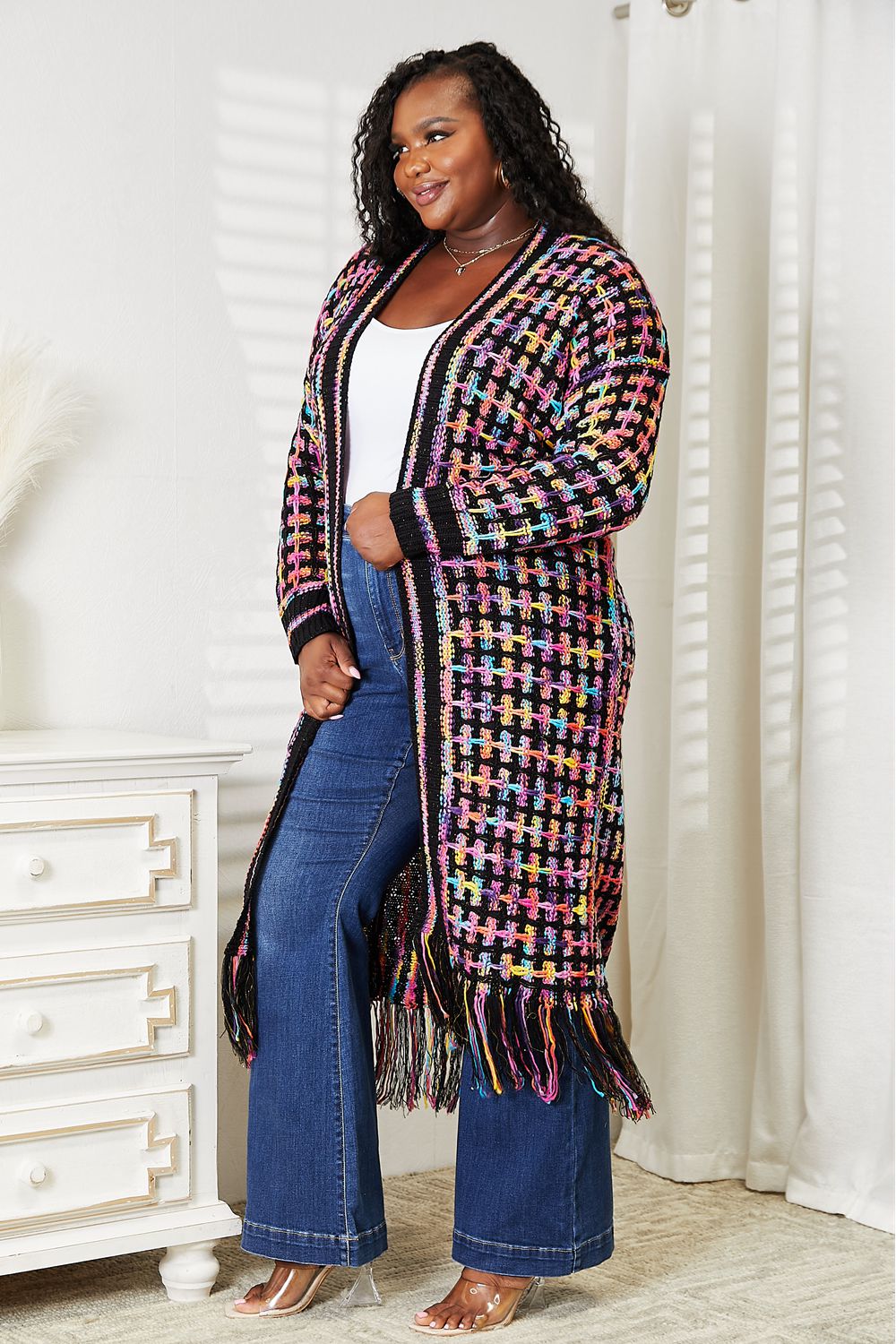 Angel Wings Full Size Multicolored Open Front Fringe Hem Cardigan - The Boutie Shop