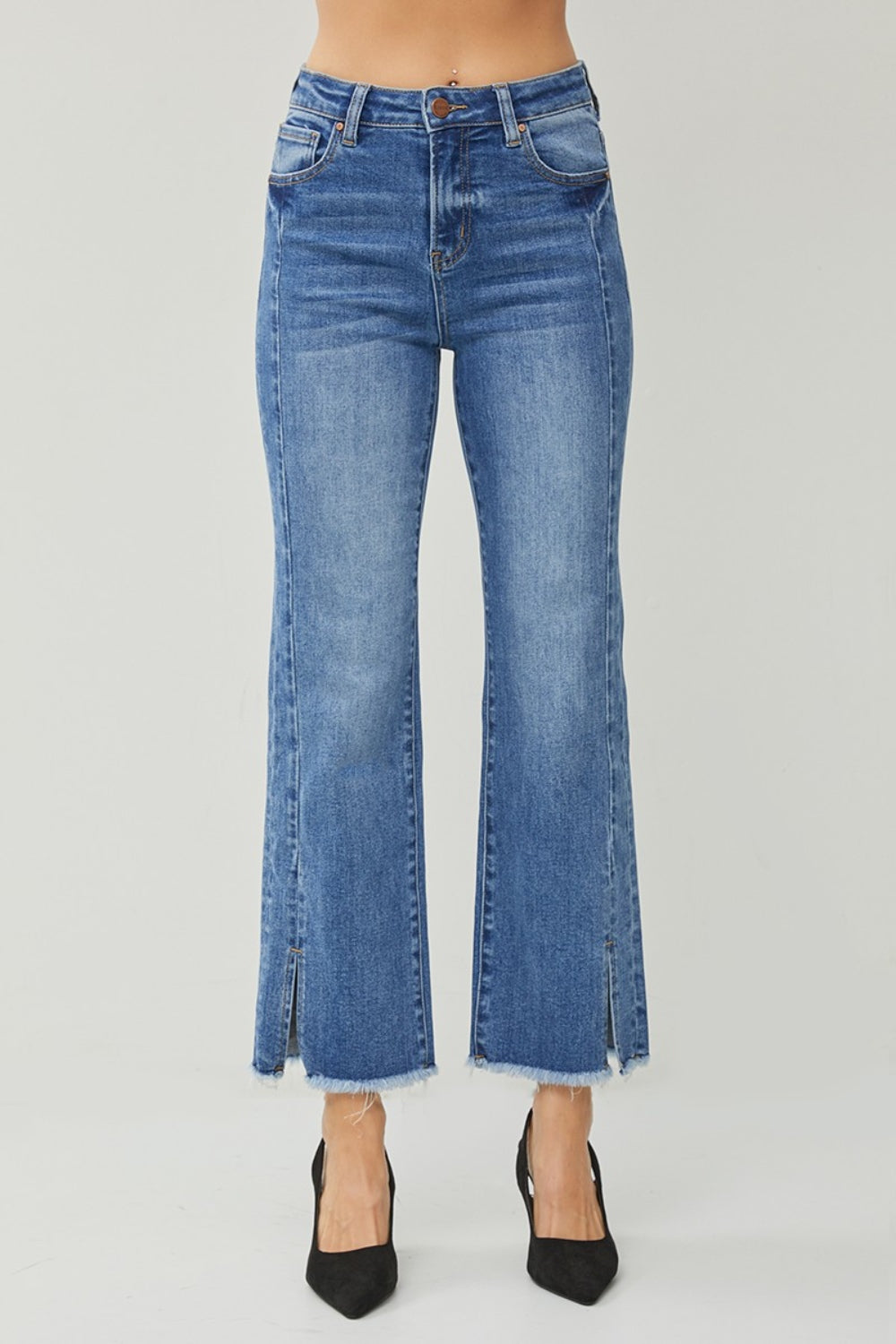 RISEN High Waist Raw Hem Slit Straight Jeans - The Boutie Shop