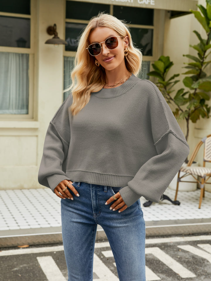 Round Neck Lantern Sleeve Sweater - The Boutie Shop