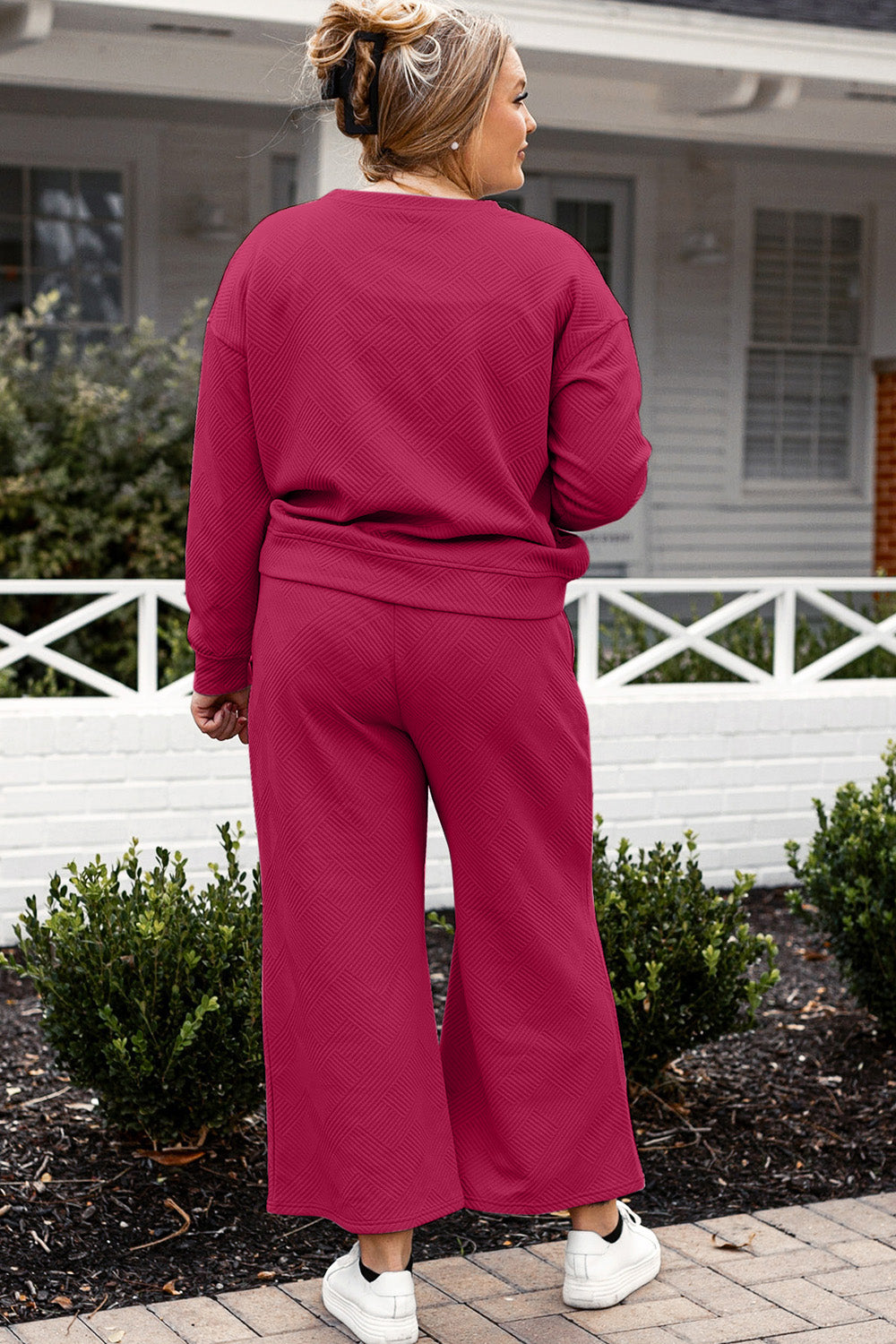 Double Take Full Size Textured Long Sleeve Top and Drawstring Pants Set - The Boutie Shop