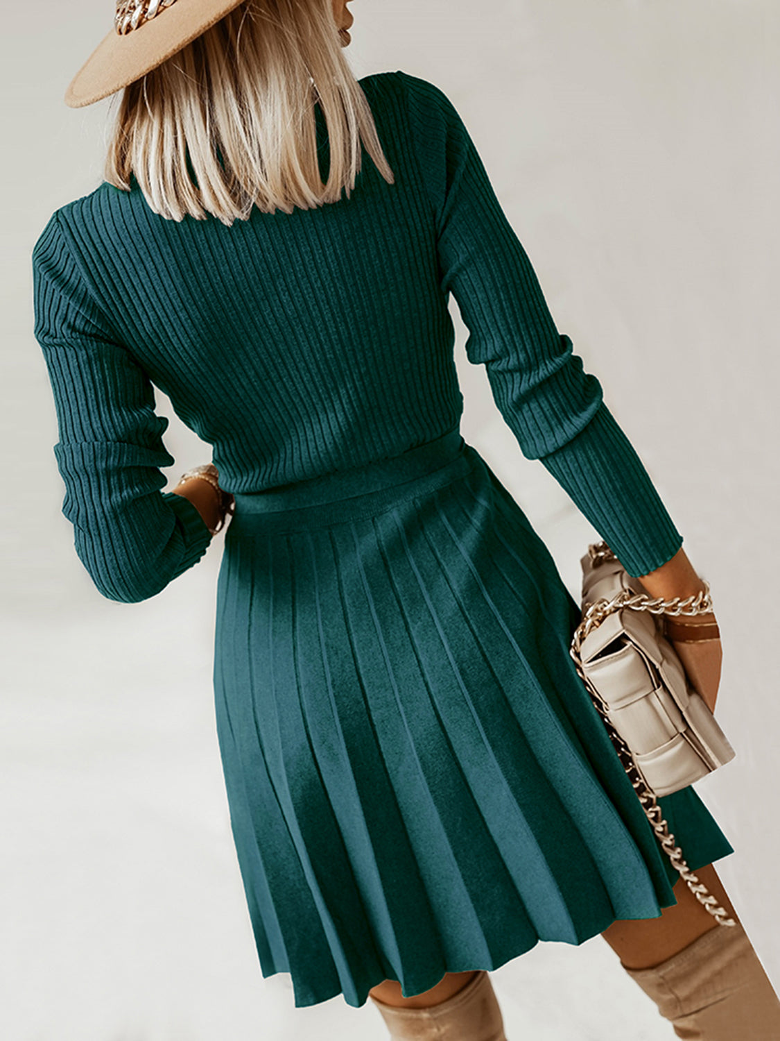 Surplice Neck Tie Front Pleated Sweater Dress - The Boutie Shop