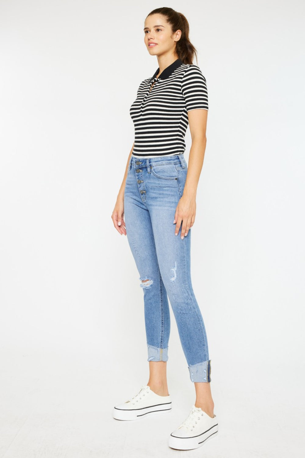 Kancan Distressed Cat's Whiskers Button Fly Jeans - The Boutie Shop