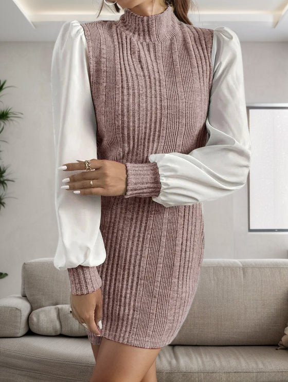 Ribbed Contrast Long Sleeve Sweater Dress - The Boutie Shop