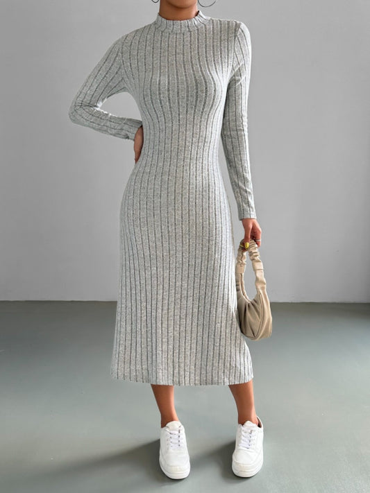 Ribbed Mock Neck Long Sleeve Midi Sweater Dress - The Boutie Shop