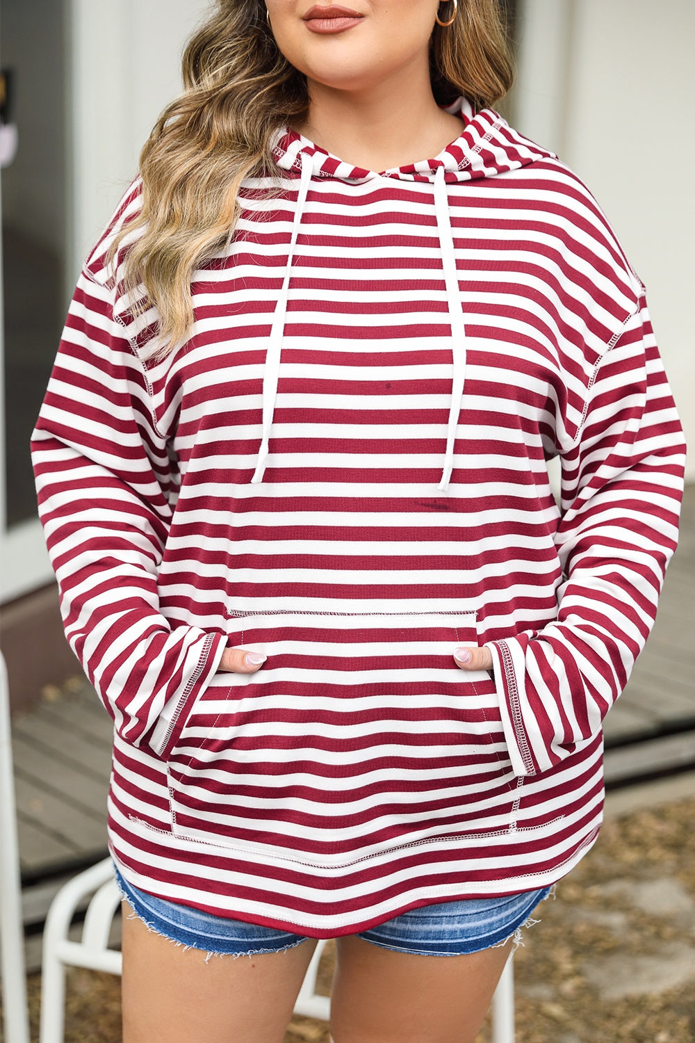 Plus Size Drawstring Striped Dropped Shoulder Hoodie - The Boutie Shop