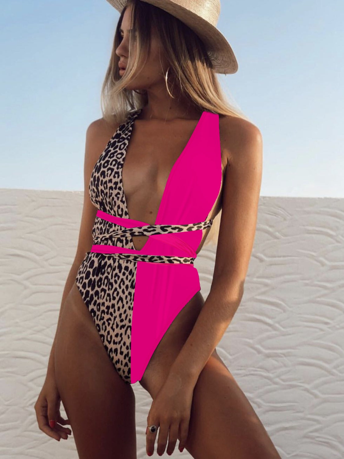 Tied Leopard Plunge One-Piece Swimwear - The Boutie Shop