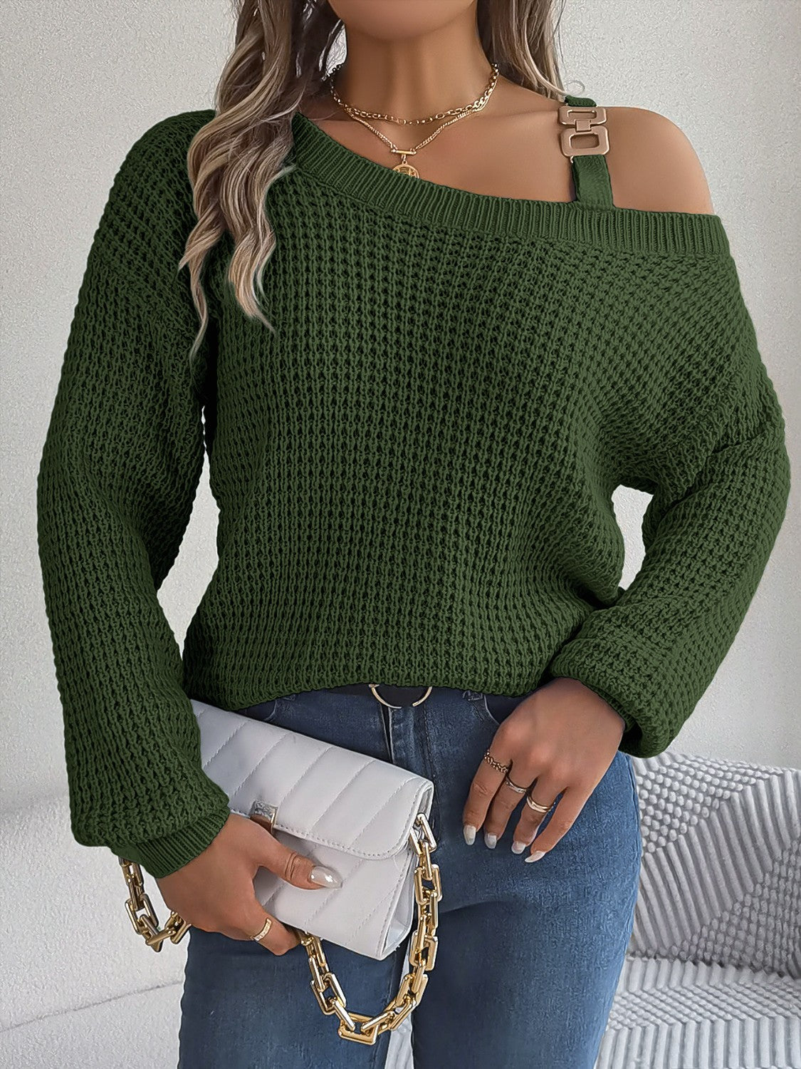 Asymmetrical Neck Long Sleeve Sweater - The Boutie Shop