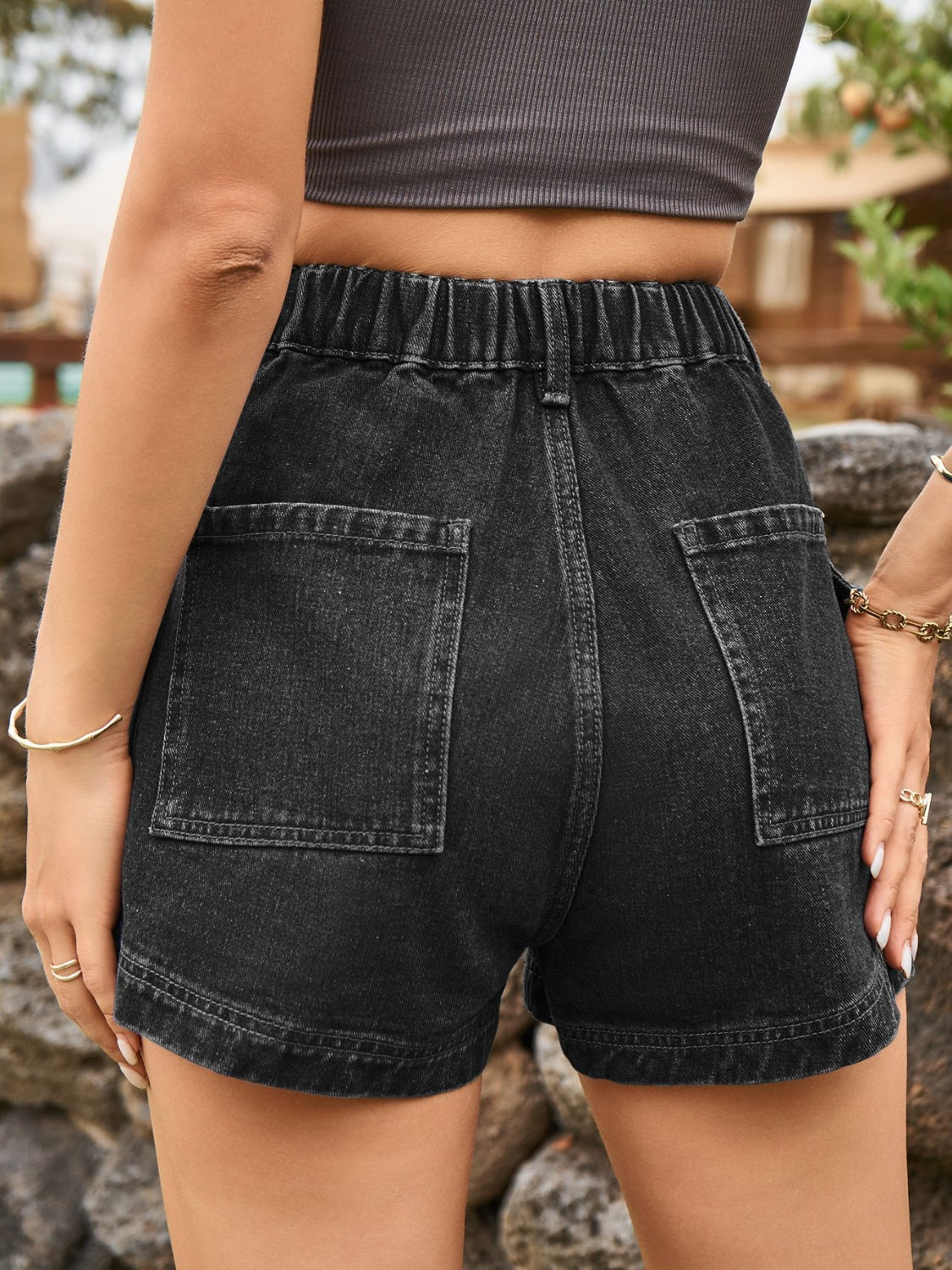 High Waist Denim Shorts with Pockets - The Boutie Shop