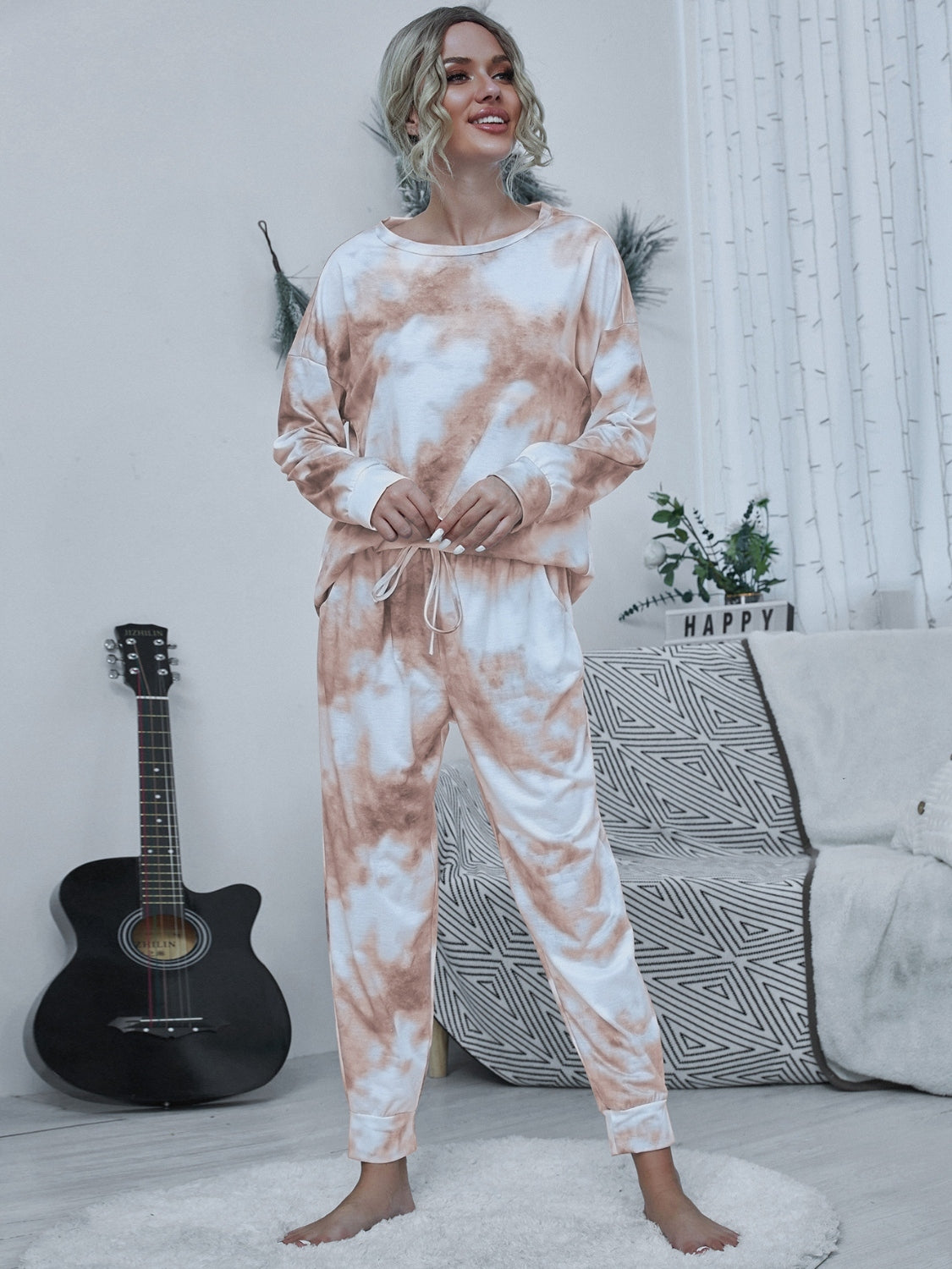 Shiny Tie-dye Round Neck Top and Drawstring Pants Lounge Set - The Boutie Shop