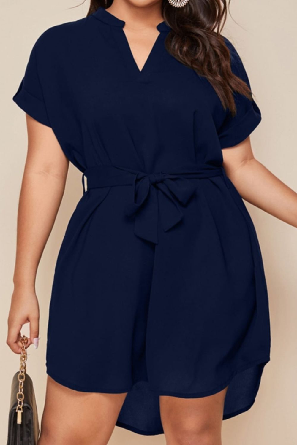 Plus Size Notched Tie Waist Mini Dress - The Boutie Shop