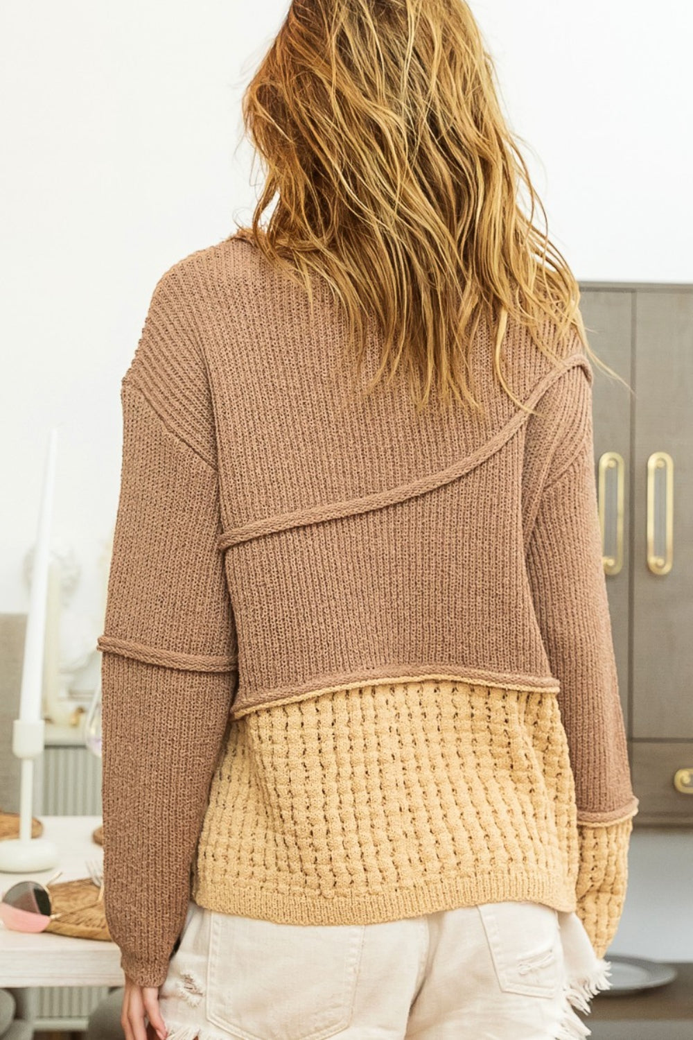 BiBi Texture Detail Contrast Drop Shoulder Sweater - The Boutie Shop