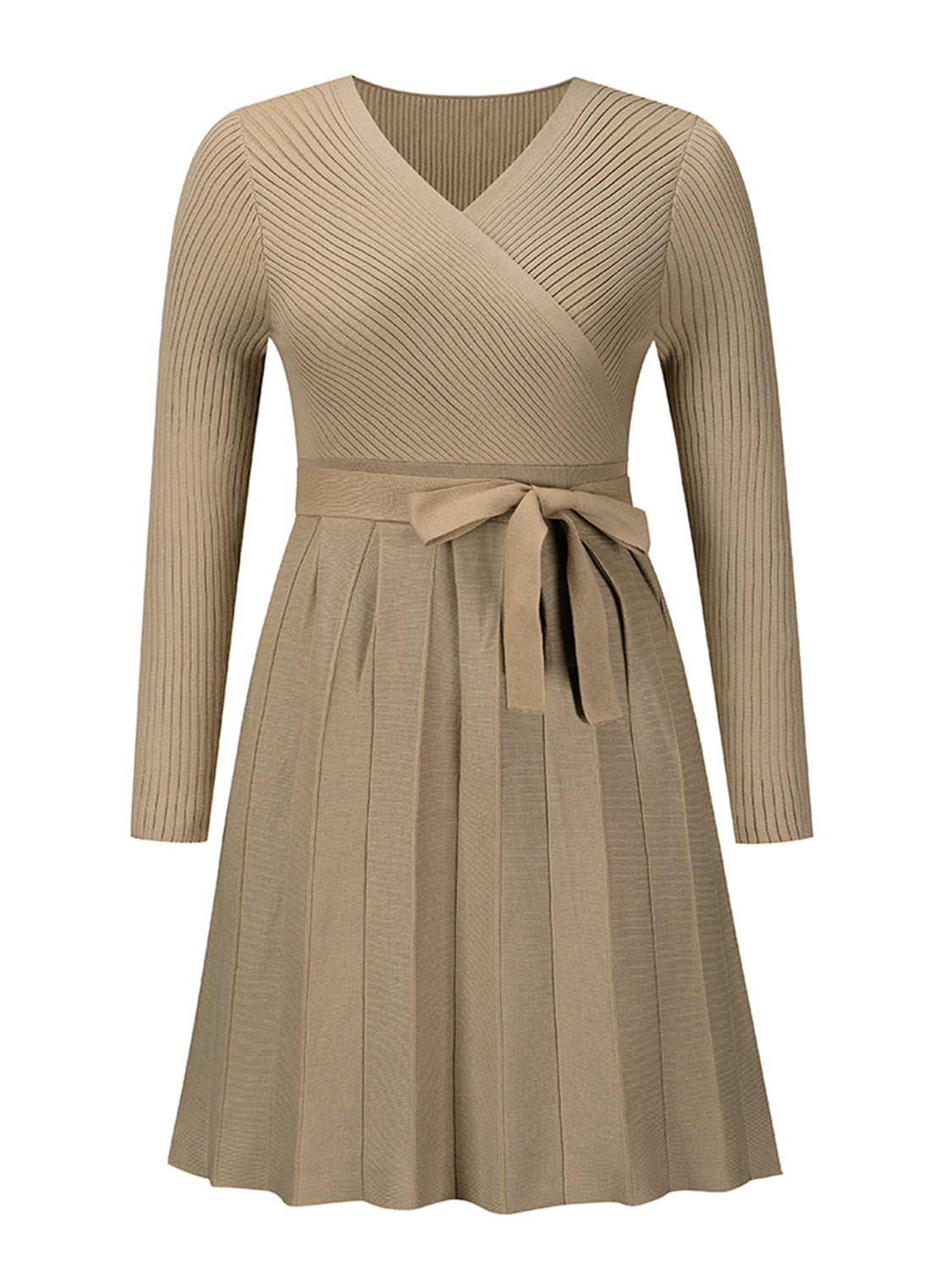 Surplice Neck Tie Front Pleated Sweater Dress - The Boutie Shop