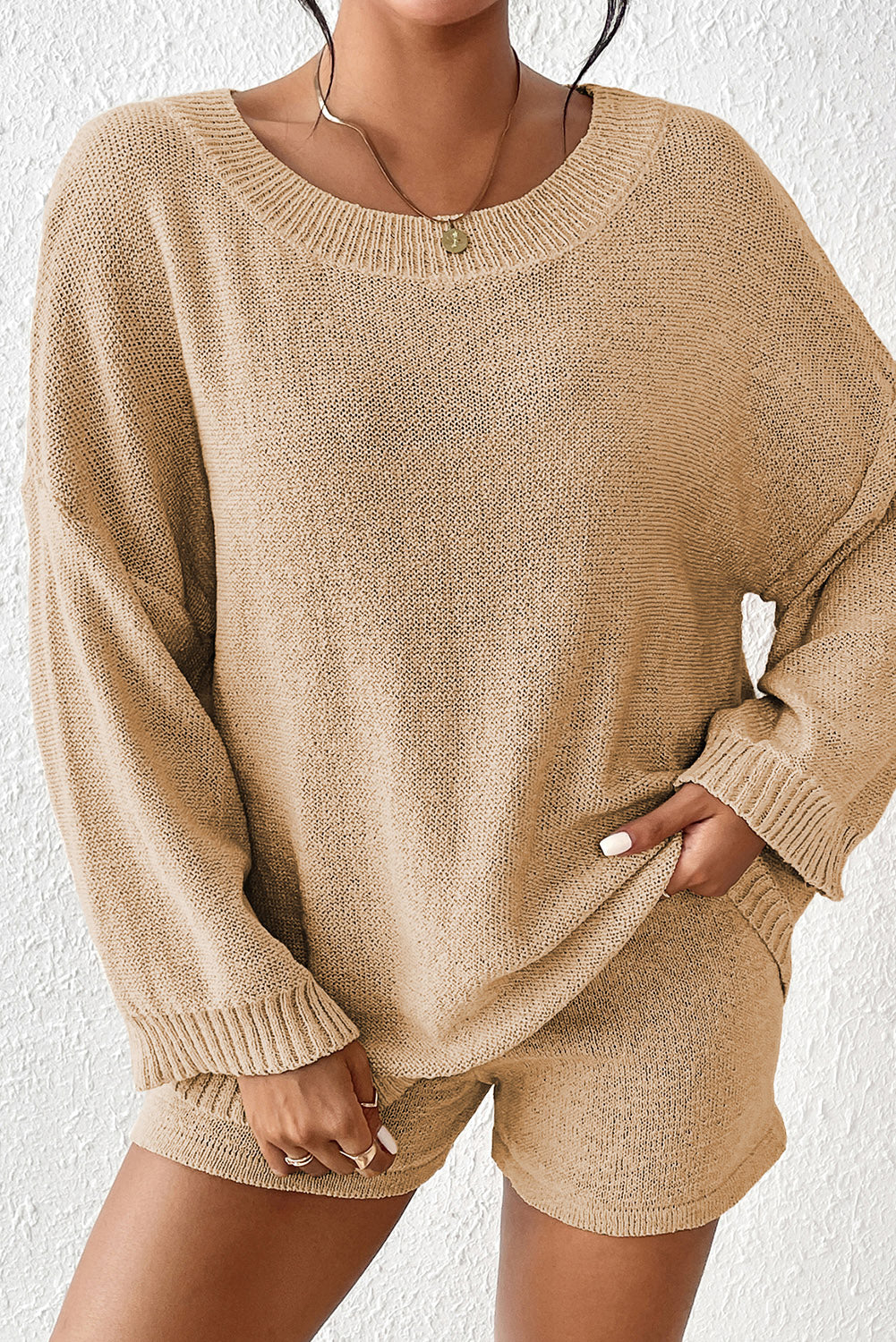 Round Neck Dropped Shoulder Sweater and Drawstring Pants Set - The Boutie Shop