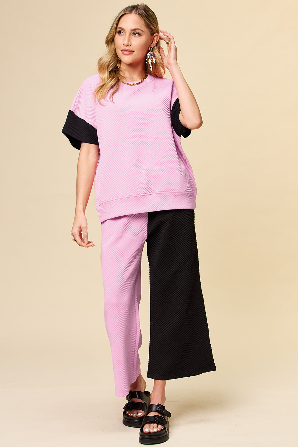 Double Take Full Size Texture Contrast T-Shirt and Wide Leg Pants Set - The Boutie Shop