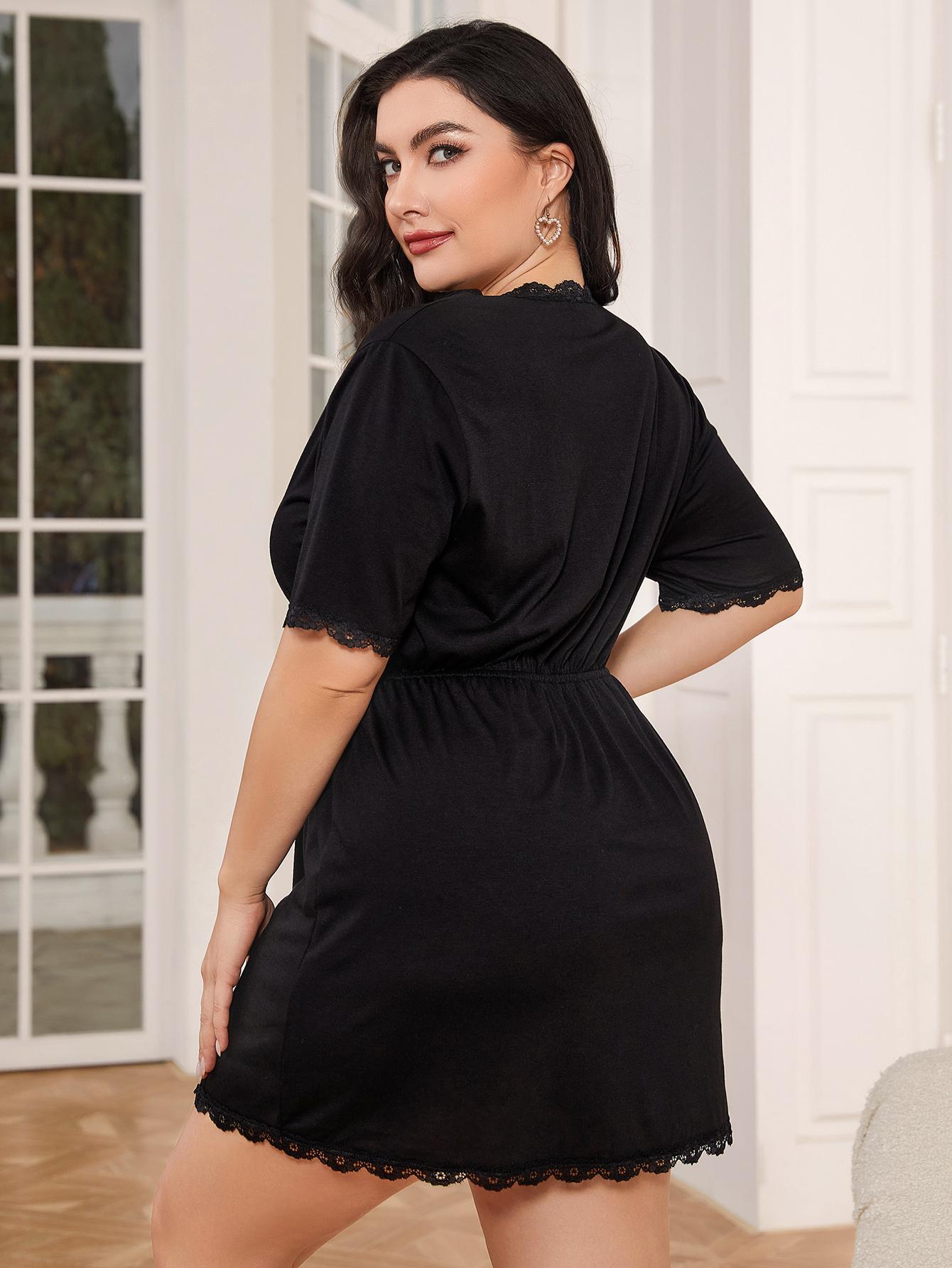 Plus Size Lace Trim Deep V Night Dress - The Boutie Shop