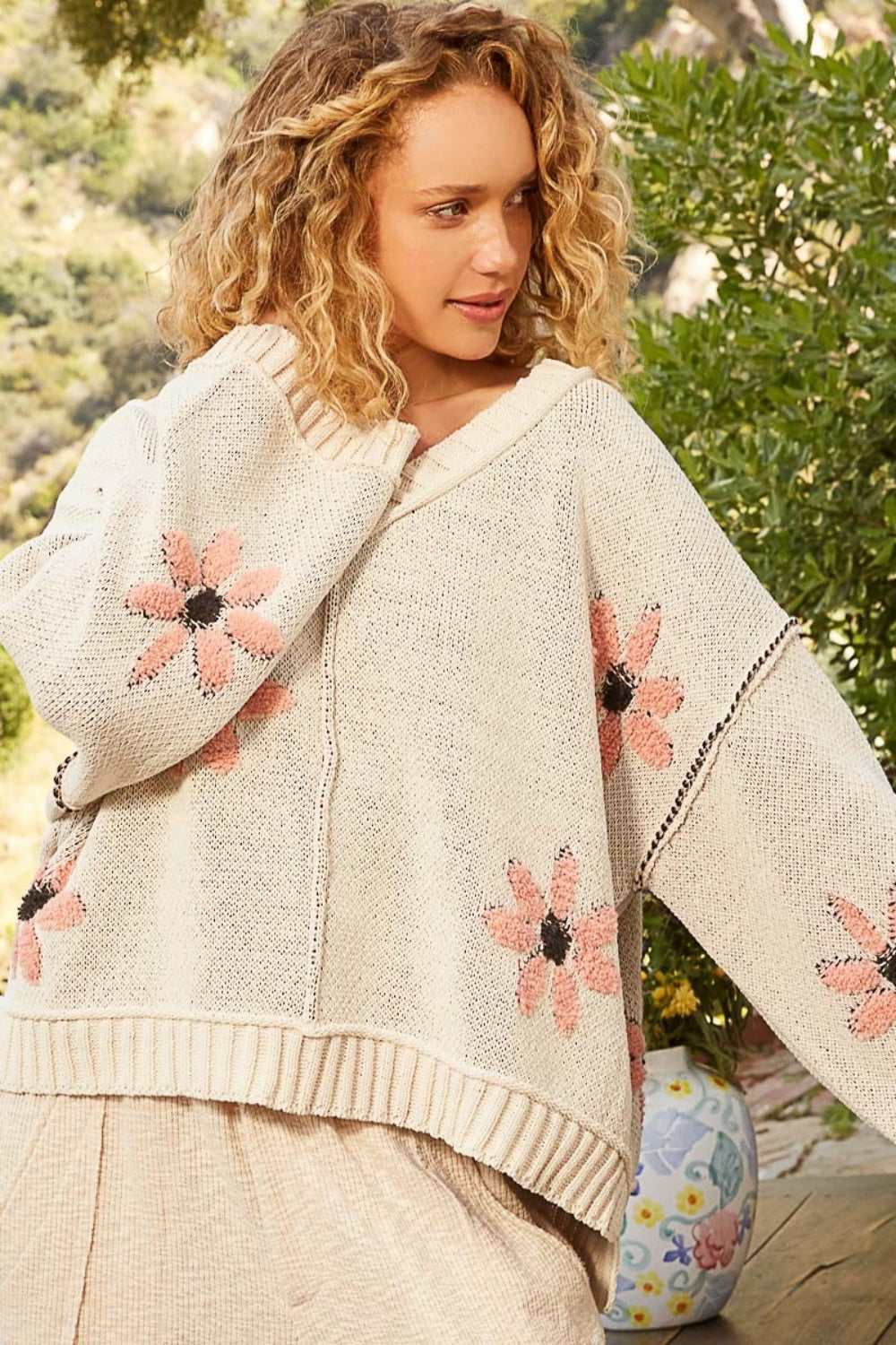 POL V-Neck Floral Pattern Chenille Sweater - The Boutie Shop