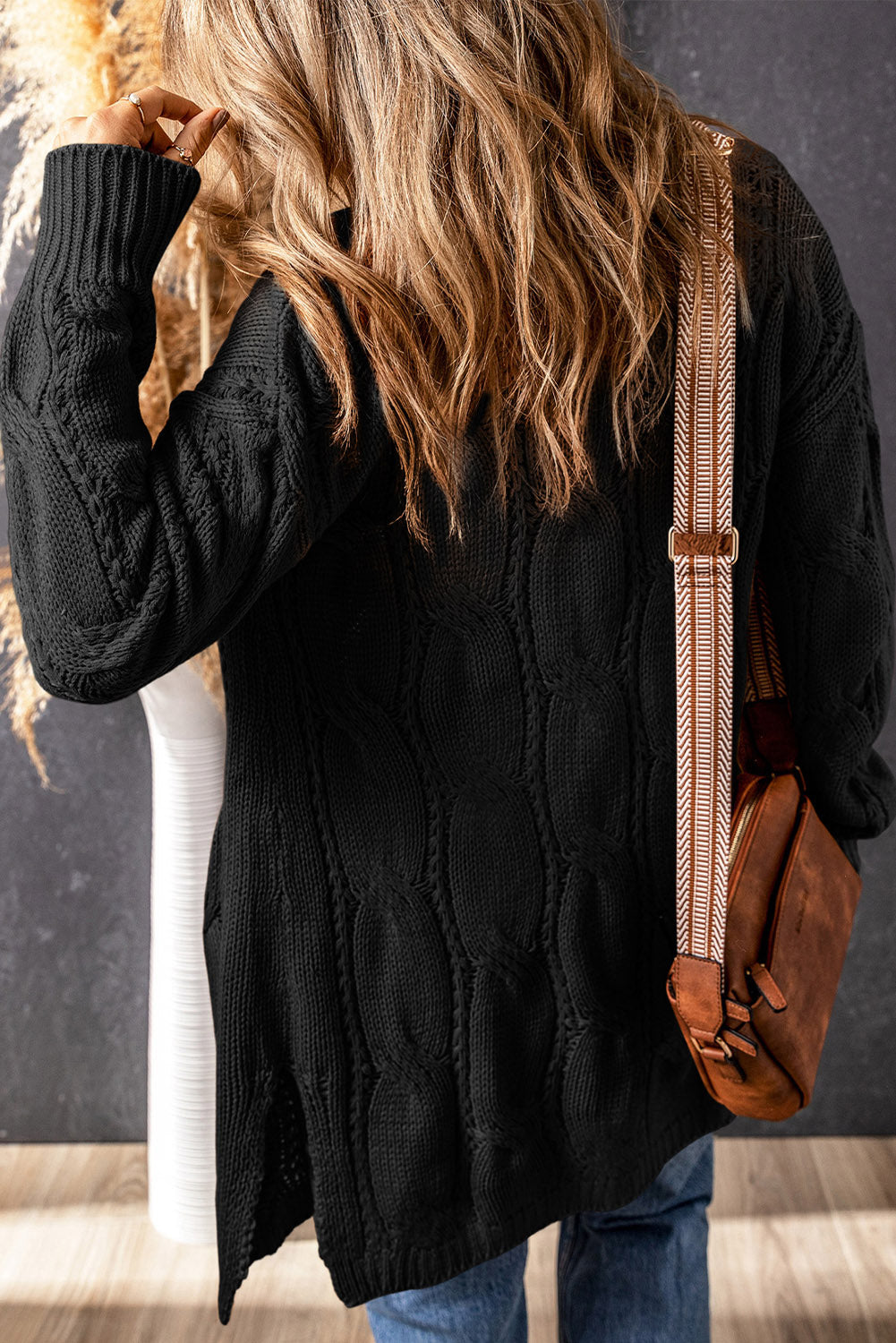 Cable-Knit Dropped Shoulder Slit Cardigan - The Boutie Shop