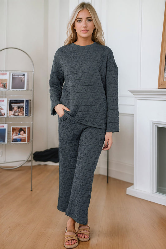 Round Neck Top and Pocketed  Pants Lounge Set - The Boutie Shop