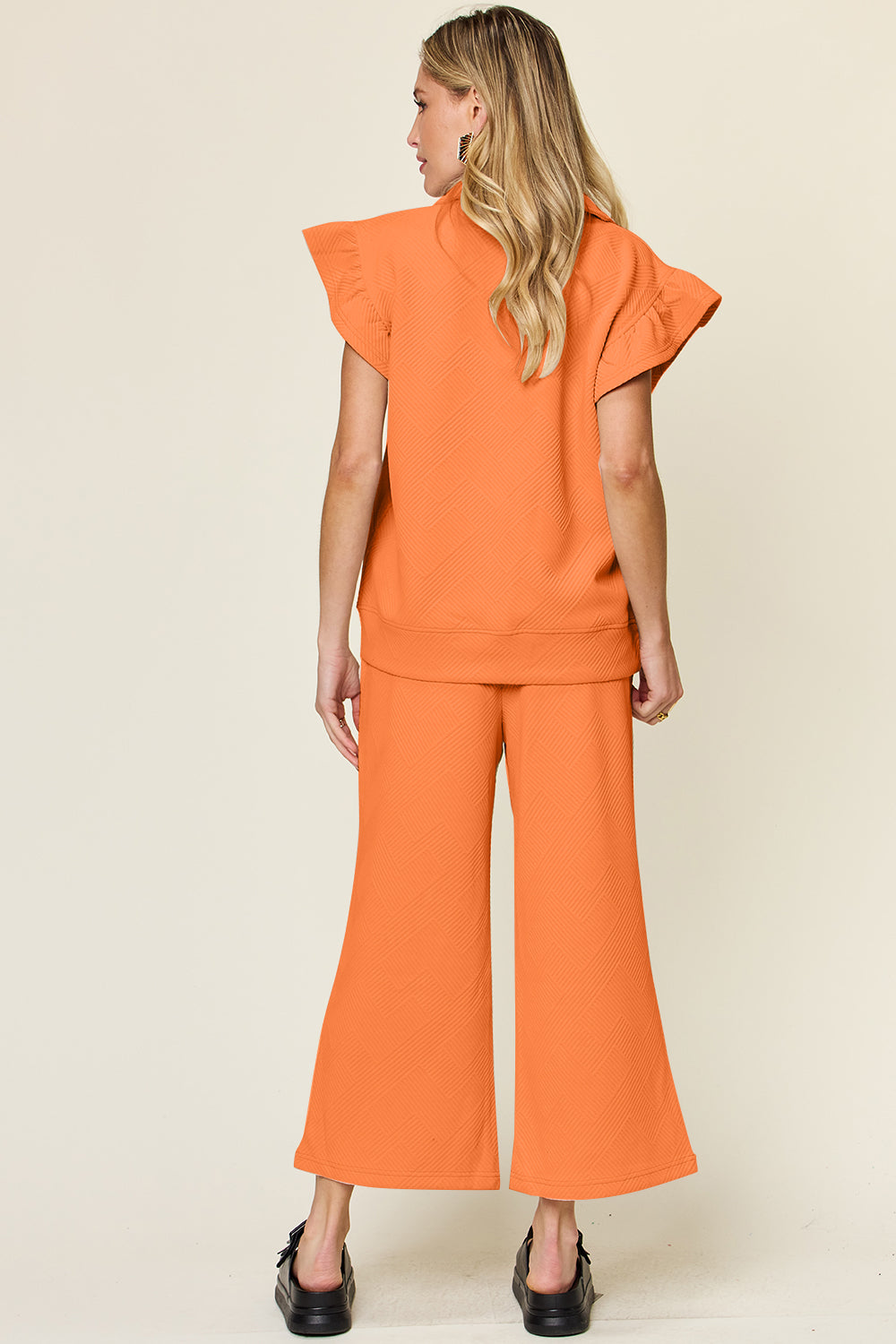 Double Take Texture Ruffle Short Sleeve Top and Drawstring Wide Leg Pants Set - The Boutie Shop