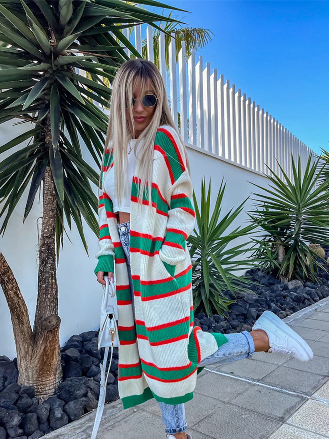 Striped Open Front Longline Cardigan - The Boutie Shop