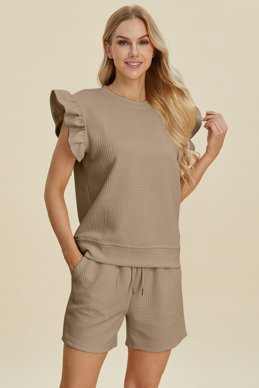 Double Take Full Size Texture Round Neck Ruffle Sleeve Top and Shorts Set - The Boutie Shop