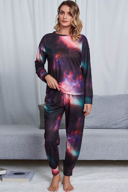 Shiny Tie-Dye Crewneck Top and Drawstring Waist Joggers Lounge Set - The Boutie Shop