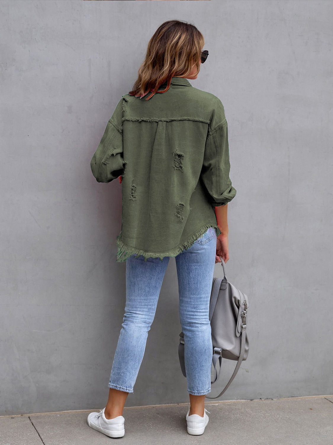 Distressed Drop Shoulder Denim Jacket - The Boutie Shop