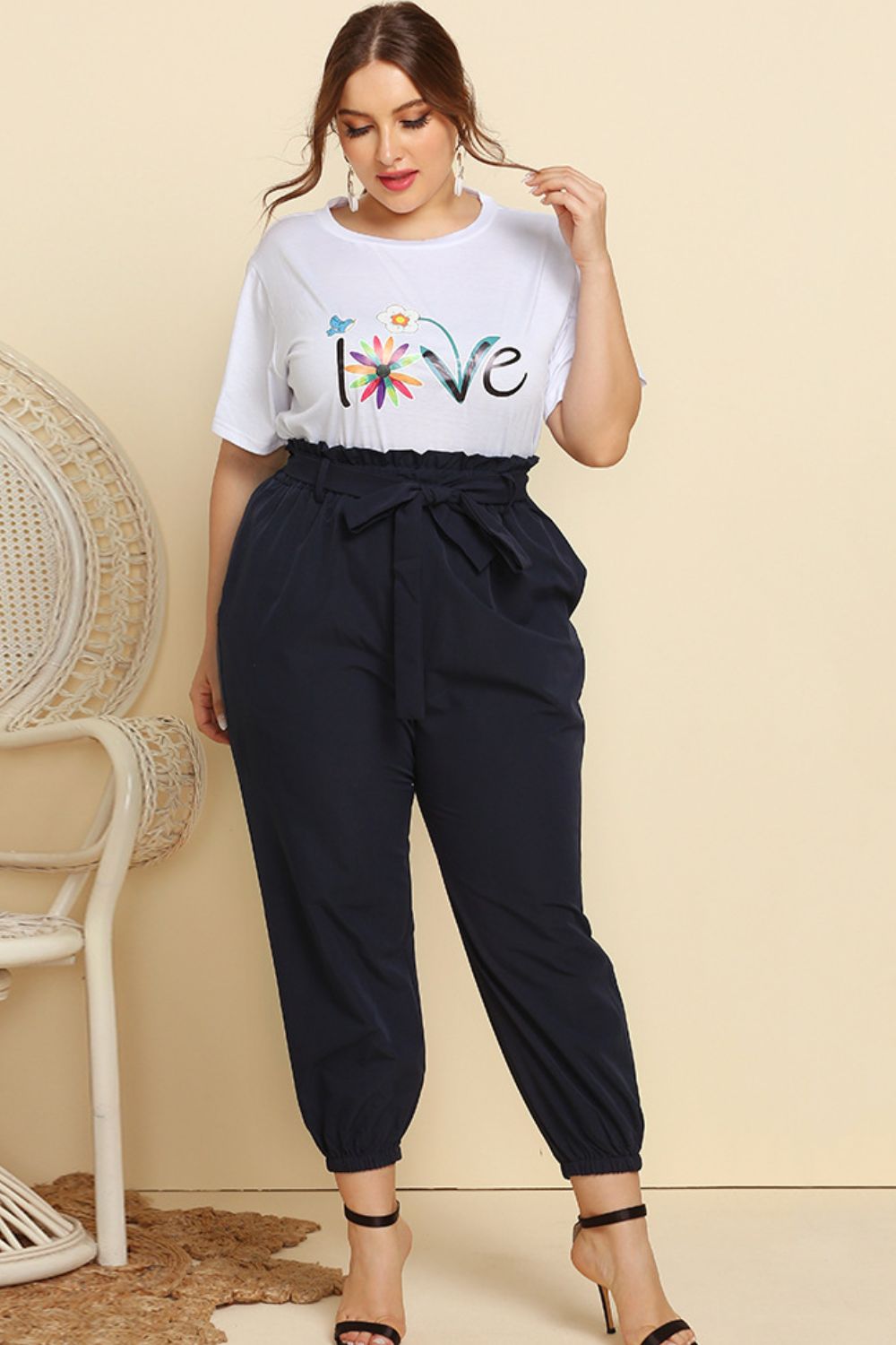 Graphic Tee and Belted Paperbag Joggers Set - The Boutie Shop