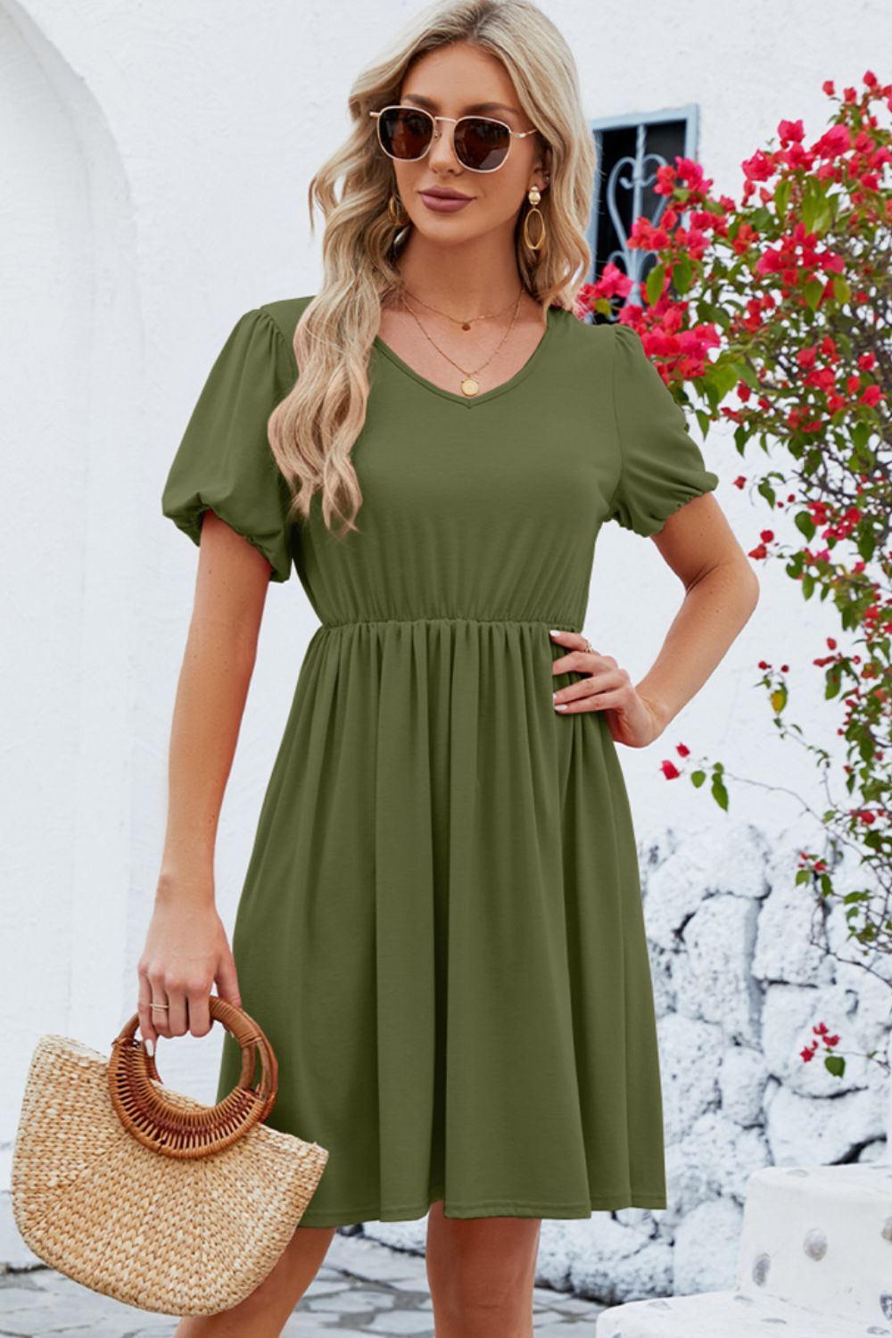 V-Neck Balloon Short Sleeve Dress - The Boutie Shop