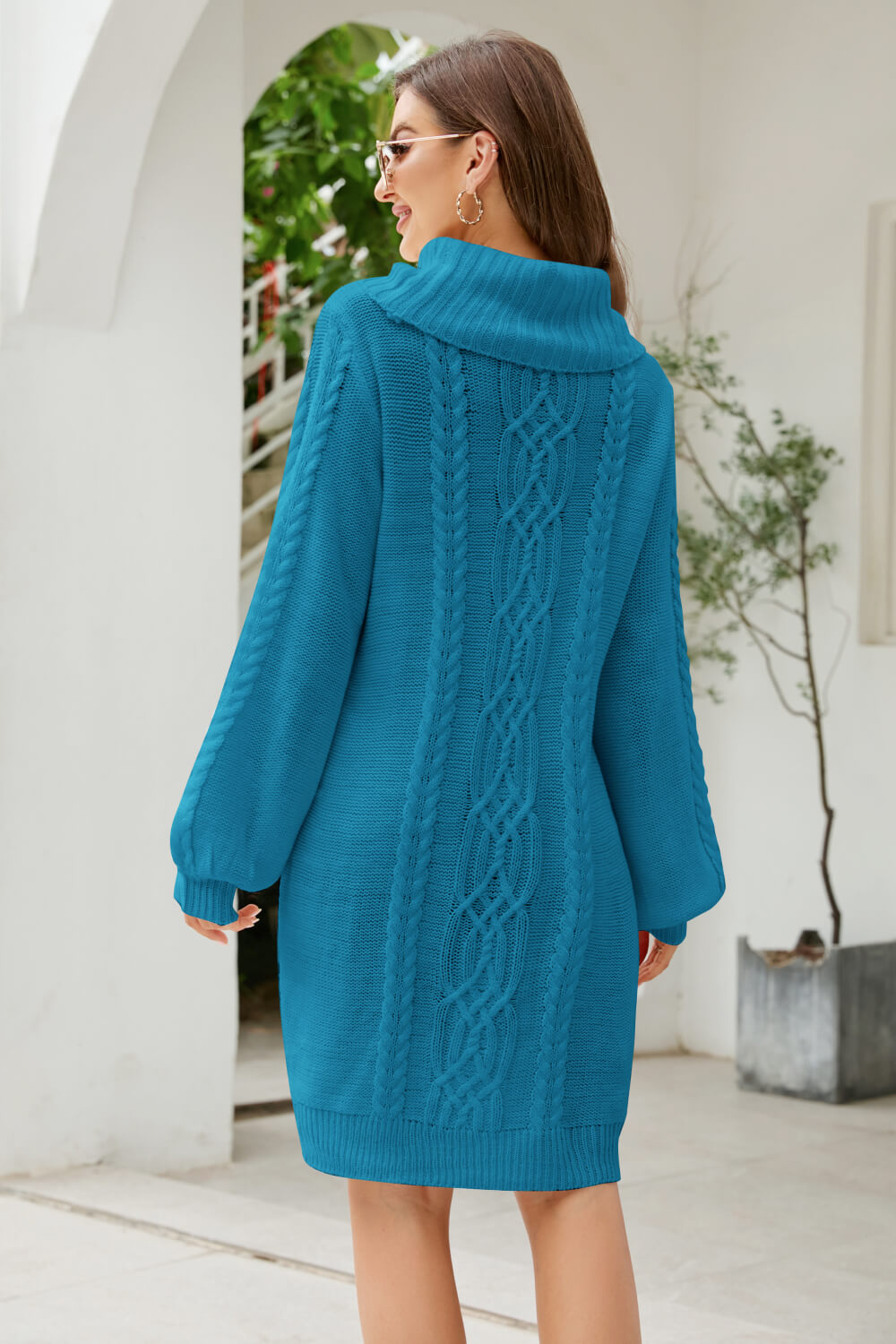 Woven Right Mixed Knit Turtleneck Lantern Sleeve Sweater Dress - The Boutie Shop