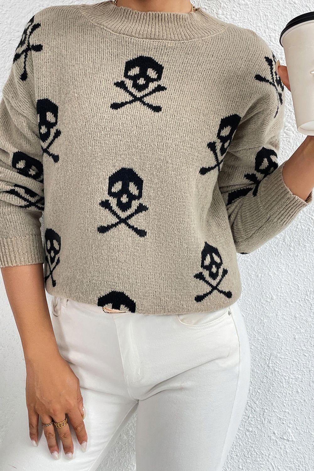 Graphic Mock Neck Dropped Shoulder Sweater - The Boutie Shop