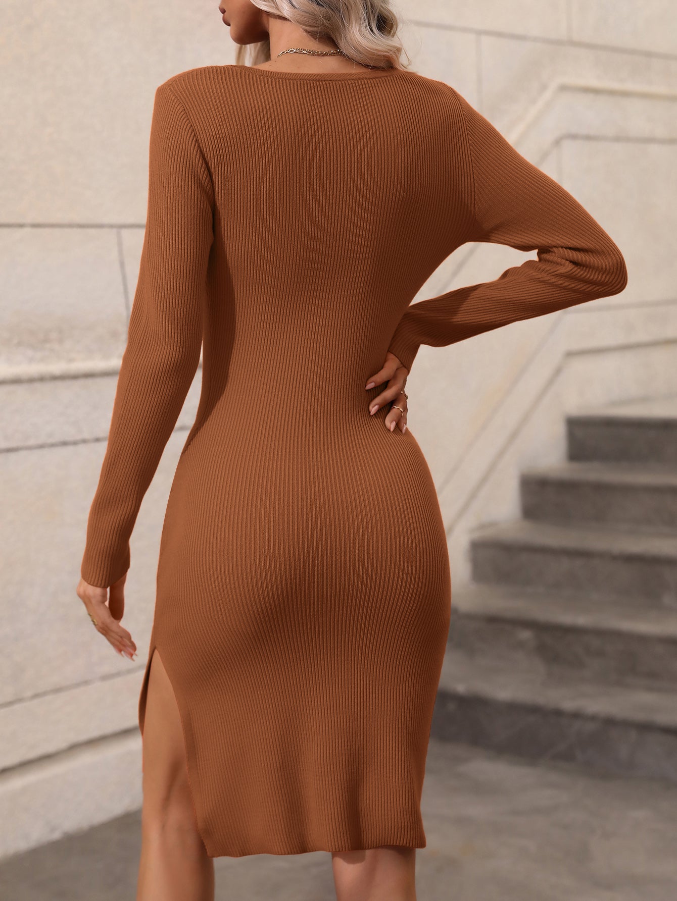 Woven Right Contrast Slit Sweater Dress - The Boutie Shop