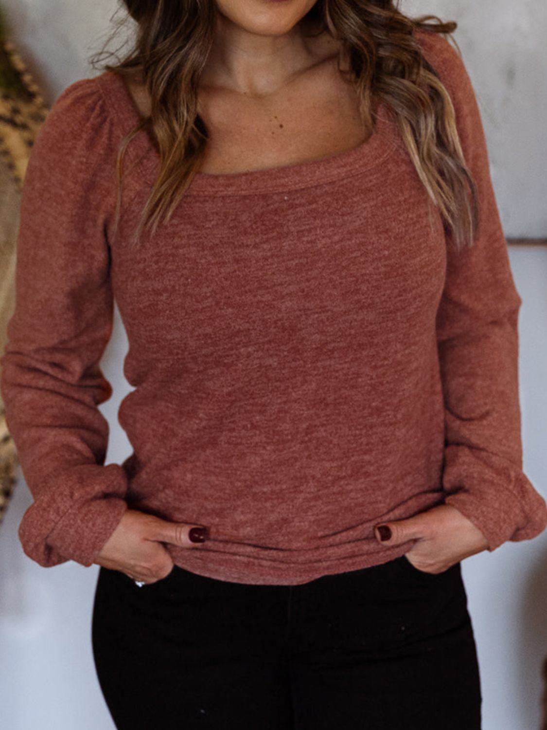 Plus Size Square Neck Long Sleeve T-Shirt - The Boutie Shop