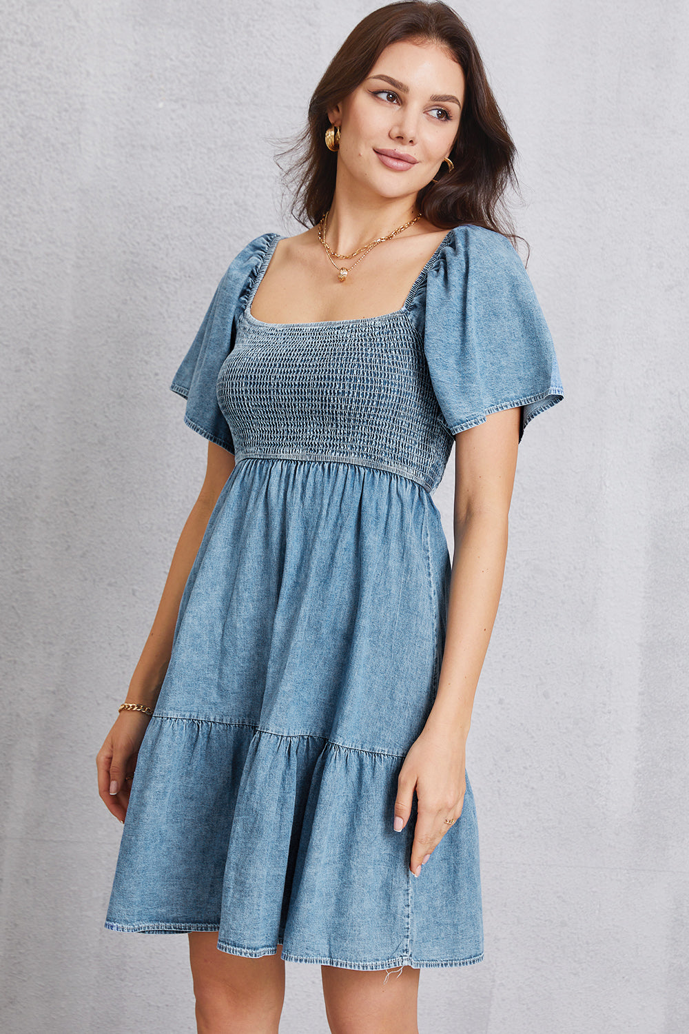 Smocked Square Neck Mini Denim Dress - The Boutie Shop