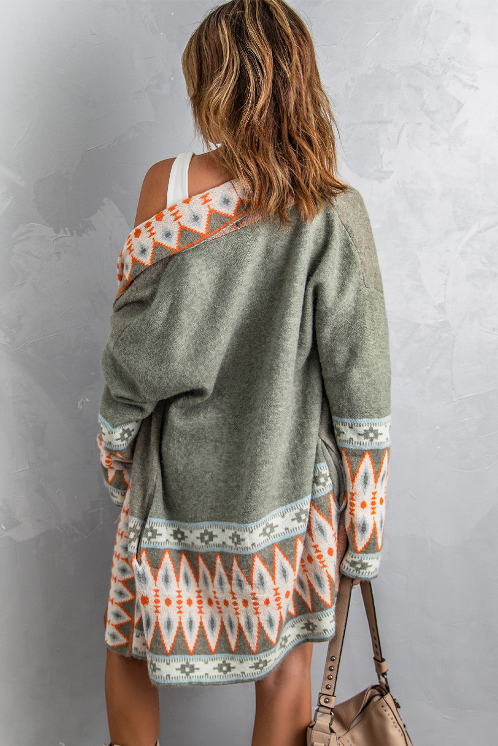 Geometric Open Front Long Sleeve Cardigan - The Boutie Shop