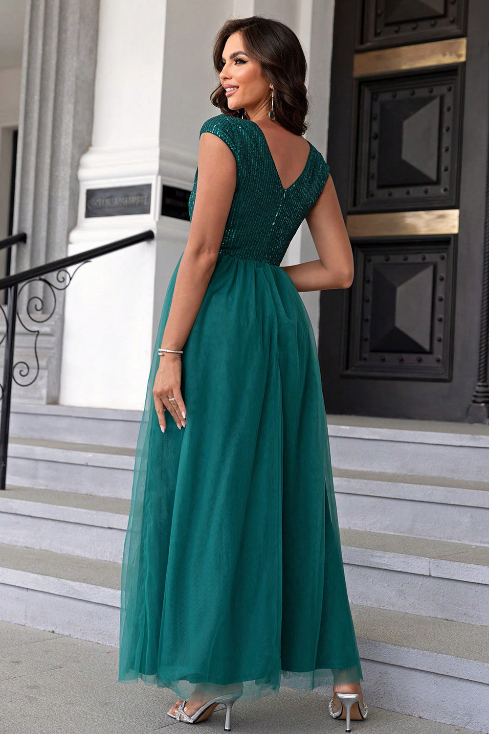 Sequin V-Neck Mesh Maxi Dress - The Boutie Shop