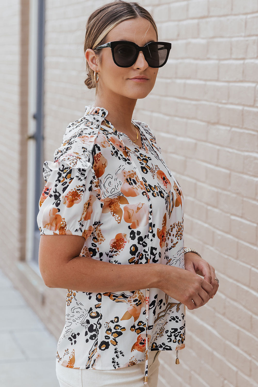 Ruffled Leopard Tie Neck Short Sleeve T-Shirt - The Boutie Shop