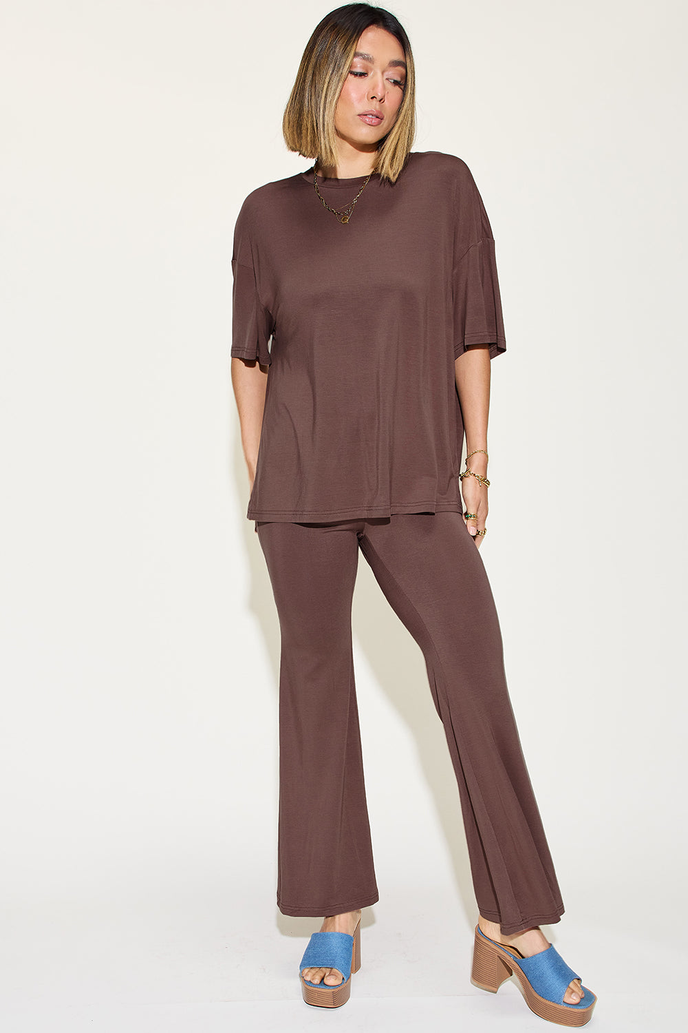 Basic Bae Full Size Bamboo Drop Shoulder T-Shirt and Flare Pants Set - The Boutie Shop