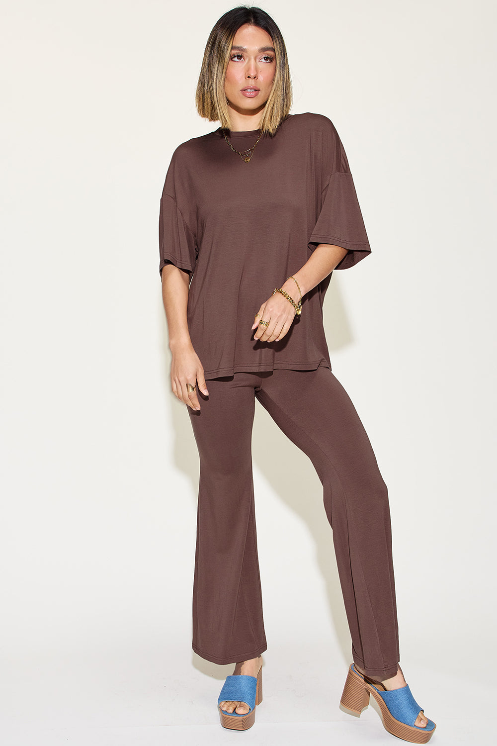 Basic Bae Full Size Bamboo Drop Shoulder T-Shirt and Flare Pants Set - The Boutie Shop