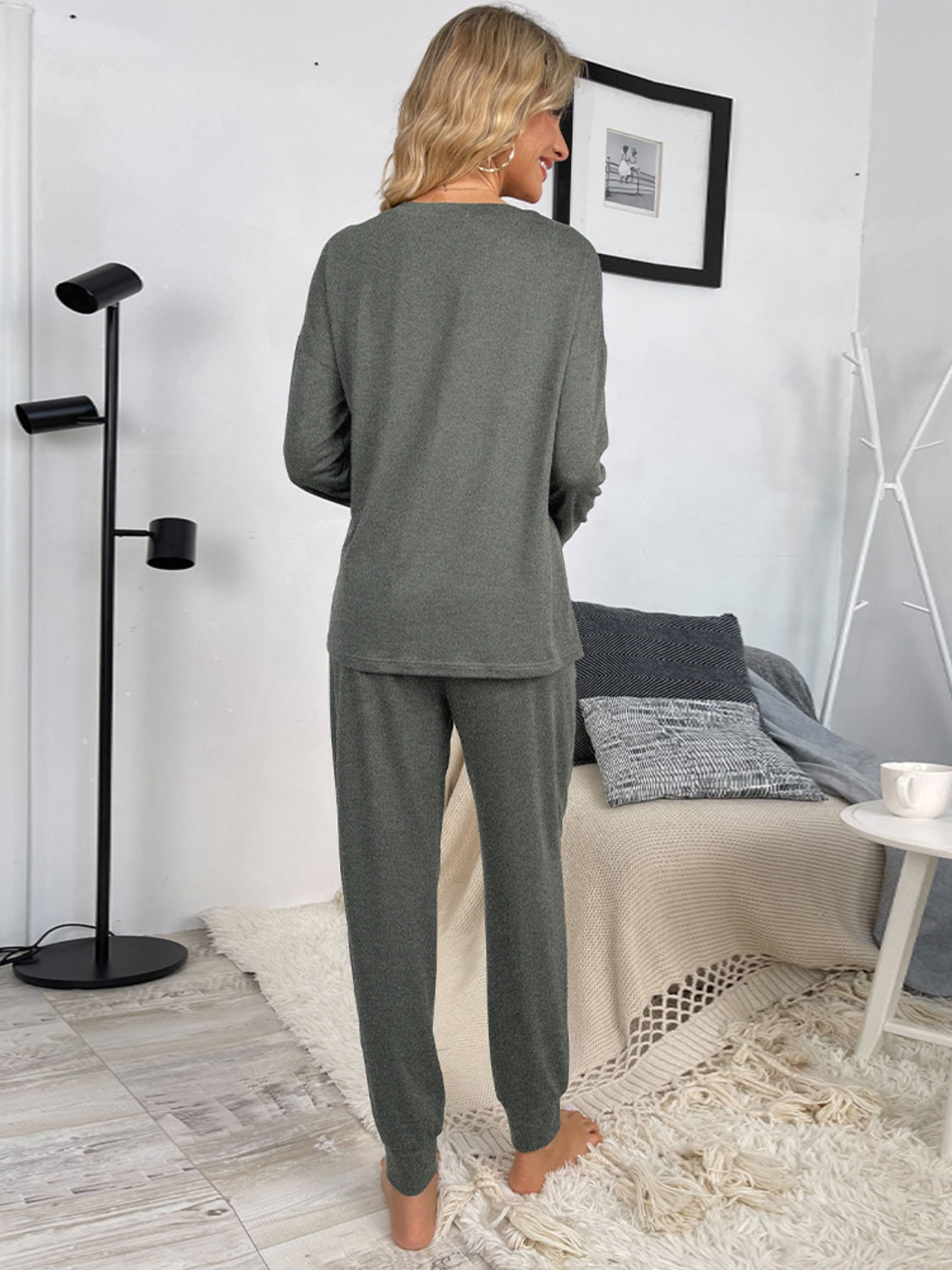 Shiny Round Neck Top and Drawstring Pants Lounge Set - The Boutie Shop