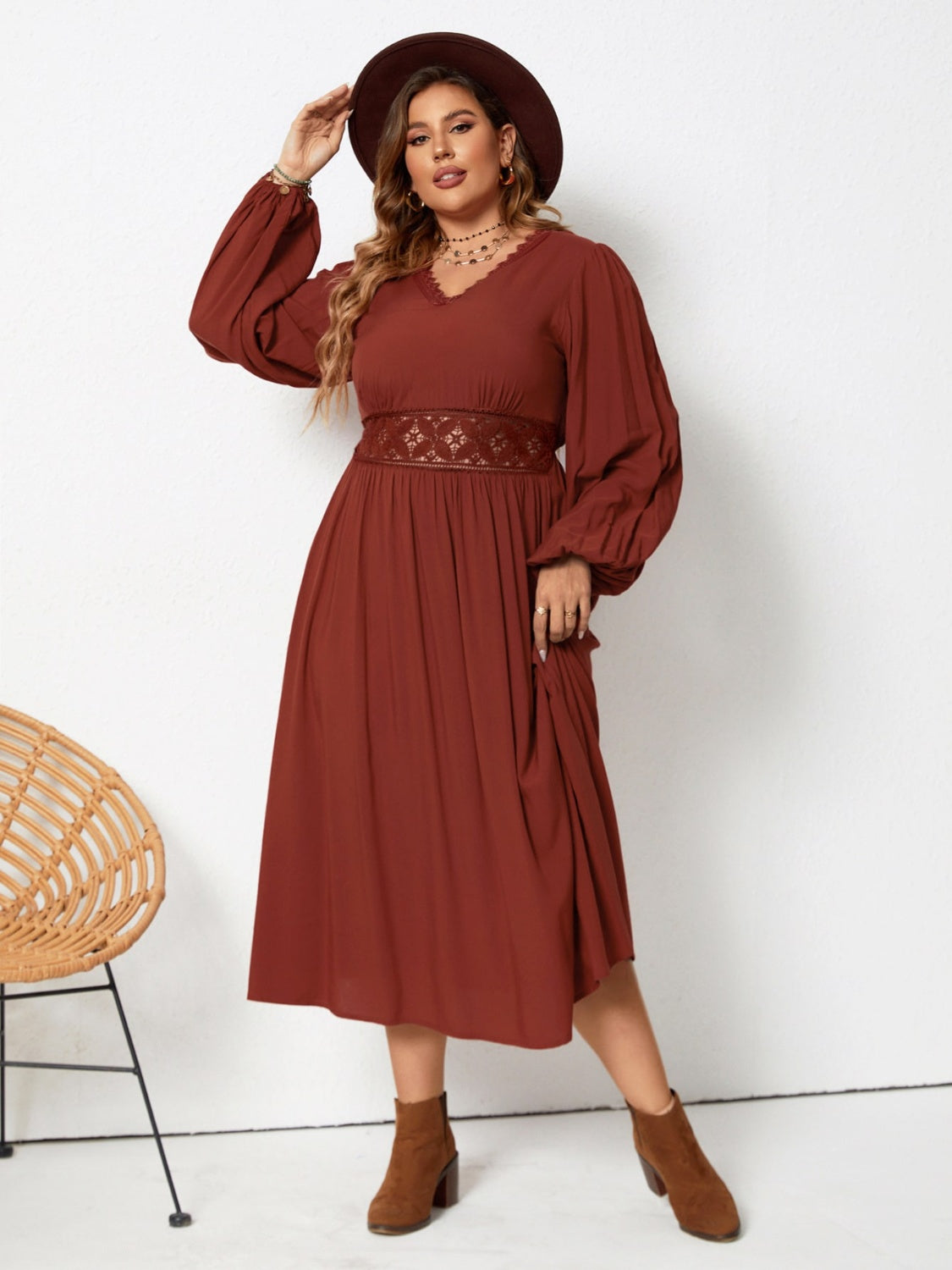 Plus Size Lace Detail V-Neck Balloon Sleeve Dress - The Boutie Shop