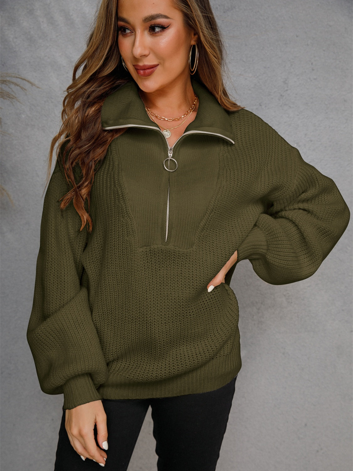 Angel Wings Half Zip Dropped Shoulder Sweater - The Boutie Shop