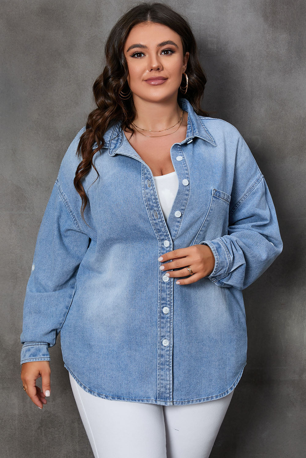 Plus Size Button Up Pocketed Denim Top - The Boutie Shop