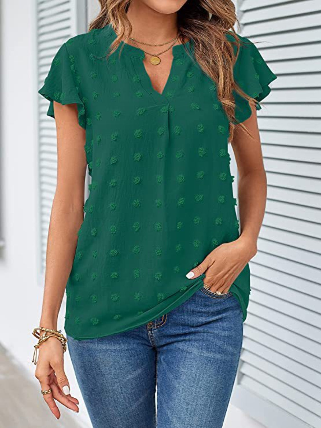 Swiss Dot Notched Cap Sleeve Blouse - The Boutie Shop