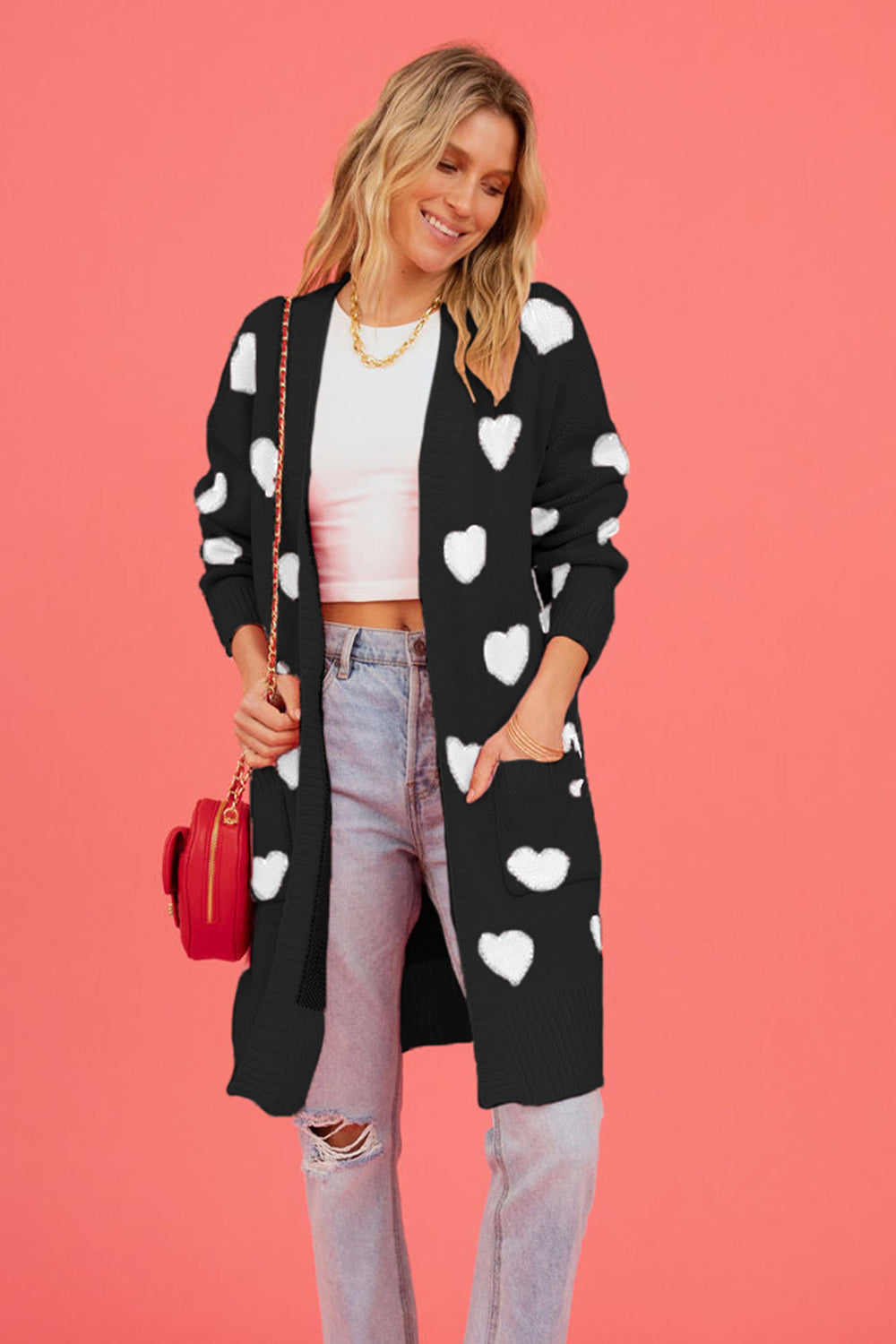 Heart Graphic Open Front Cardigan with Pockets - The Boutie Shop