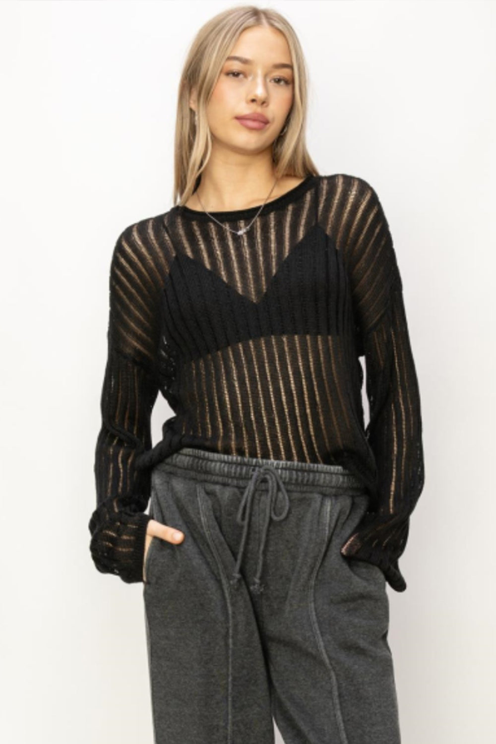 HYFVE Openwork Ribbed Long Sleeve Knit Top - The Boutie Shop