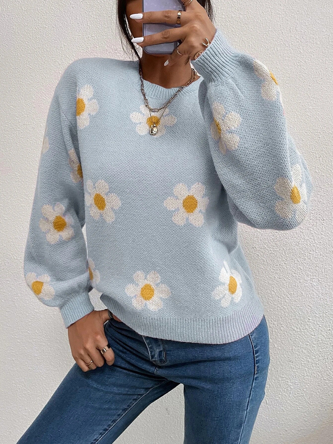 Flower Round Neck Latern Sleeve Sweater - The Boutie Shop