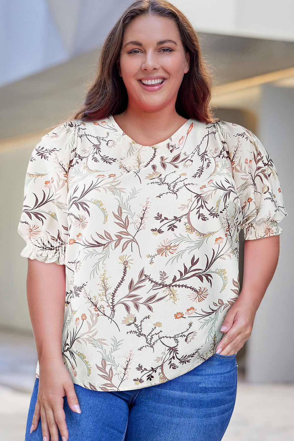 Plus Size Floral Fuff Sleeve Top - The Boutie Shop