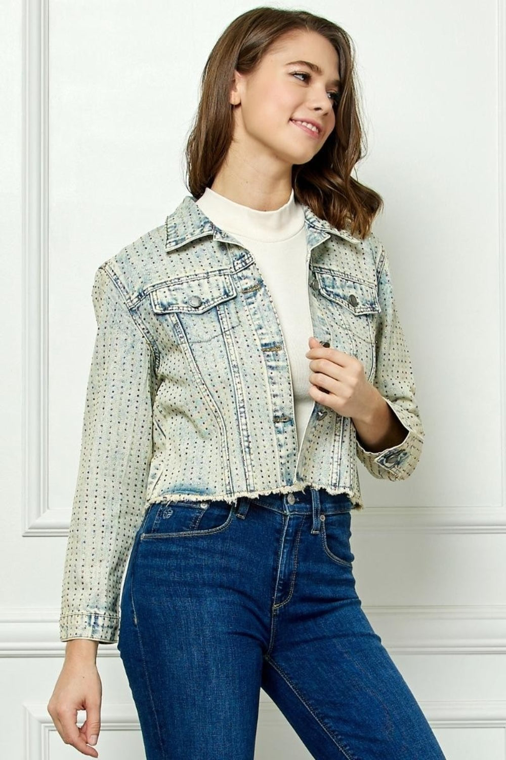 Veveret Multi Color Stripe Rhinestone Raw Hem Denim Jacket - The Boutie Shop